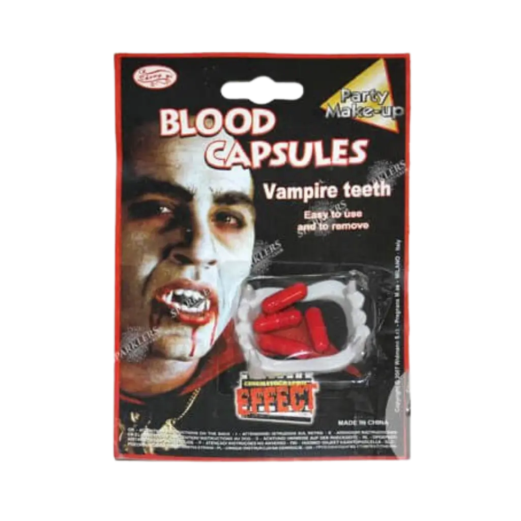 Kit de dentadura postiza y cápsulas de sangre para vampiros