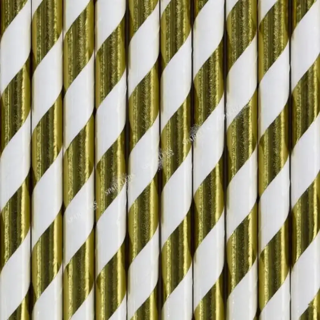 10 Pajitas de papel de color oro con rayas blancas