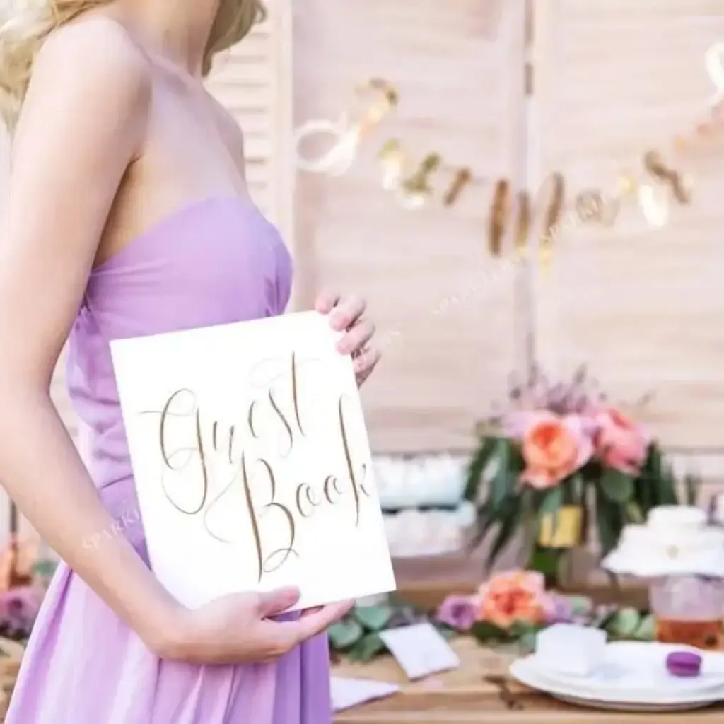 Libro de visitas de la boda, escritura blanca, oro rosa.