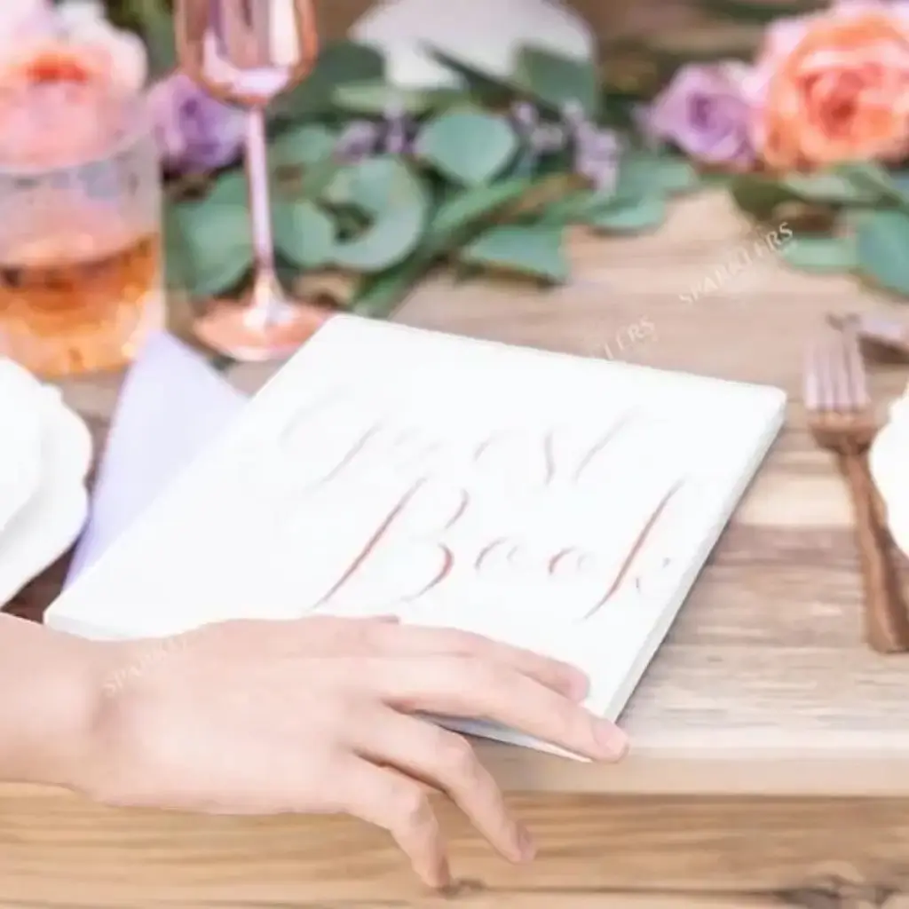 Libro de visitas de la boda, escritura blanca, oro rosa.