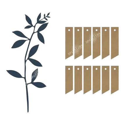 Rama con decoración de hojas, azul marino con etiquetas