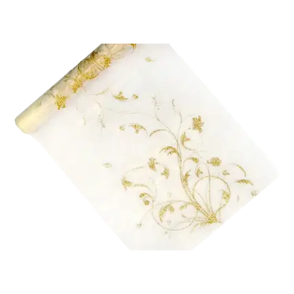 Camino de mesa de crema con motivos de arabescos dorados Longitud 9 metros