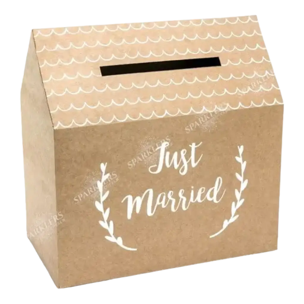 Una urna de papel kraft con la inscripción "Recién Casado".