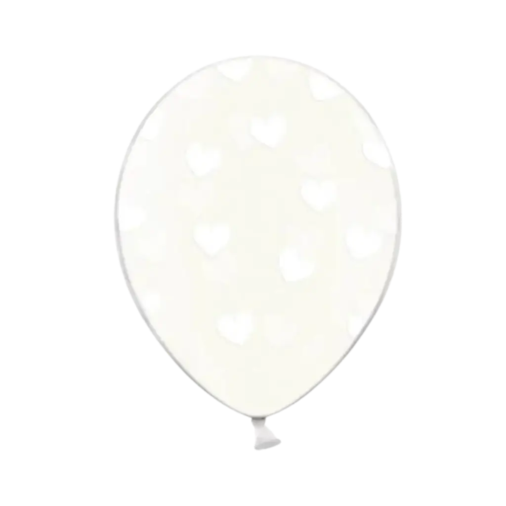 Paquete de 50 globos transparentes con un patrón de corazón blanco