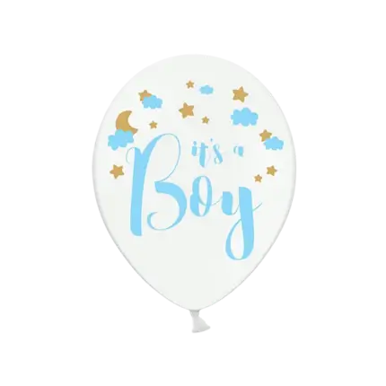 Paquete de 6 globos blancos con Es un niño escrito en ellos.