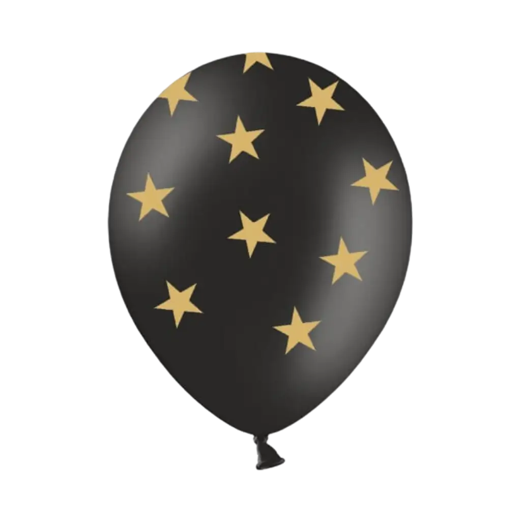 Paquete de 6 globos negros con un patrón de estrellas doradas