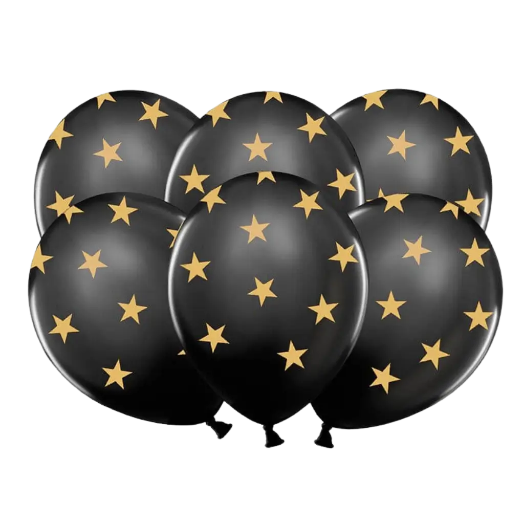 Paquete de 6 globos negros con un patrón de estrellas doradas