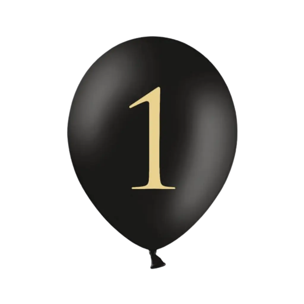 Paquete de 10 globos negros con "1" escrito en ellos.