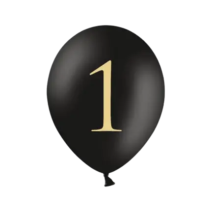 Paquete de 10 globos negros con 1 escrito en ellos.