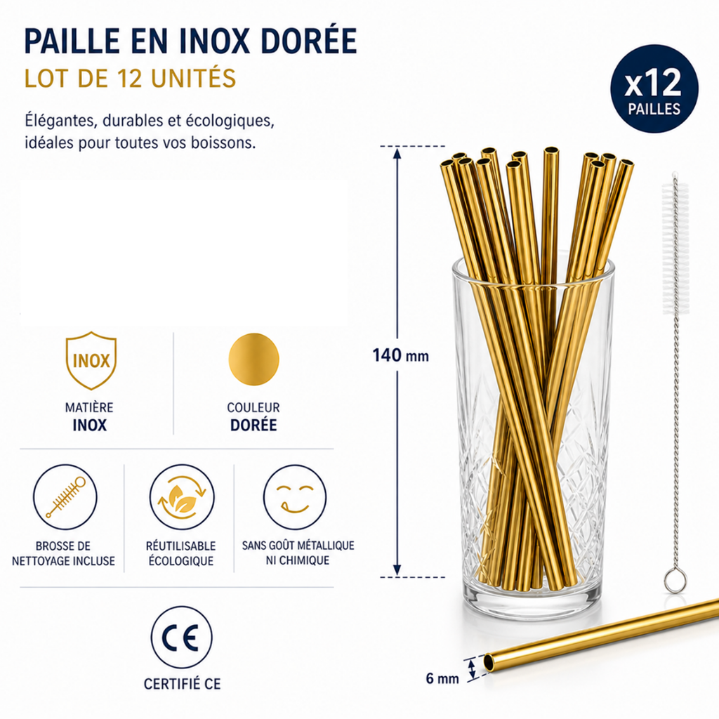 Paja de acero inoxidable reutilizable Oro 14cm /ø6mm (12pcs)