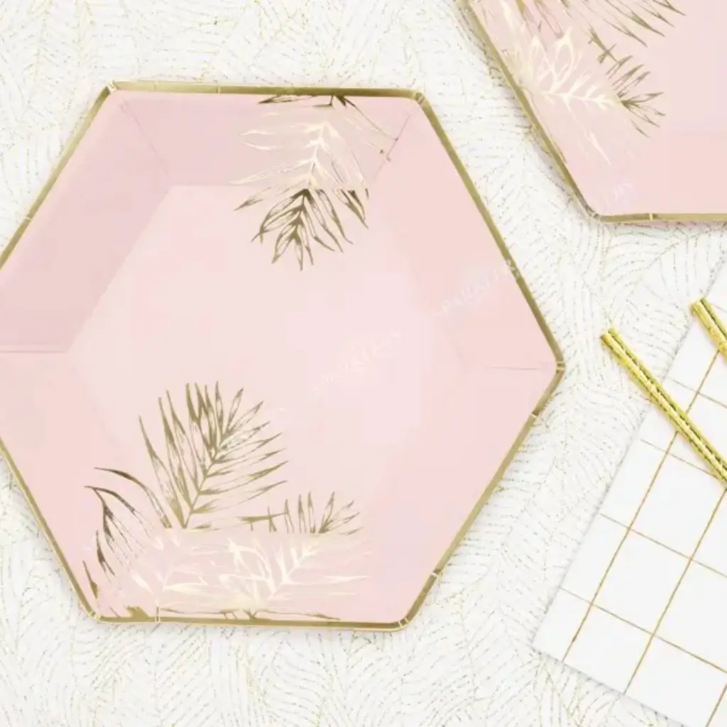 Plato de papel rosa con diseño de hojas de oro (Set de 6)