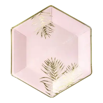 Plato de papel rosa con diseño de hojas de oro (Set de 6)