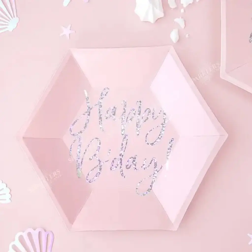 Feliz Cumpleaños Plato de papel rosa iridiscente (Set de 6)