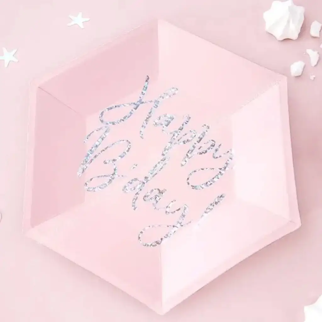 Feliz Cumpleaños Plato de papel rosa iridiscente (Set de 6)