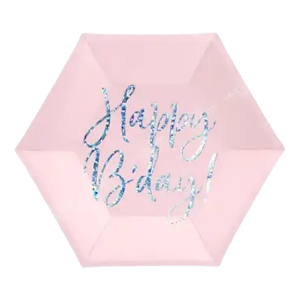 Feliz Cumpleaños Plato de papel rosa iridiscente (Set de 6)