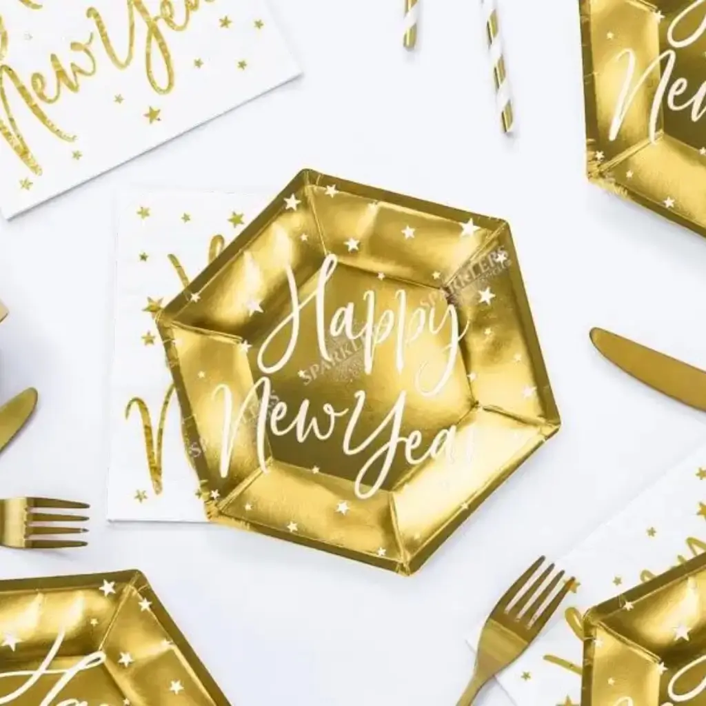 Feliz Año Nuevo Placa de papel de oro (Set de 6)
