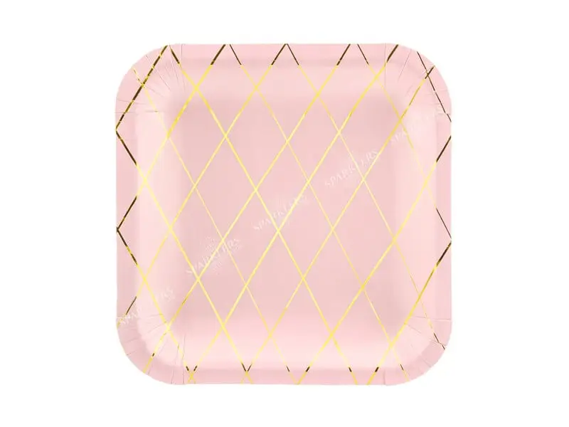 Plato cuadrado de papel rosa motivo oro 20x20cm (Set de 6)