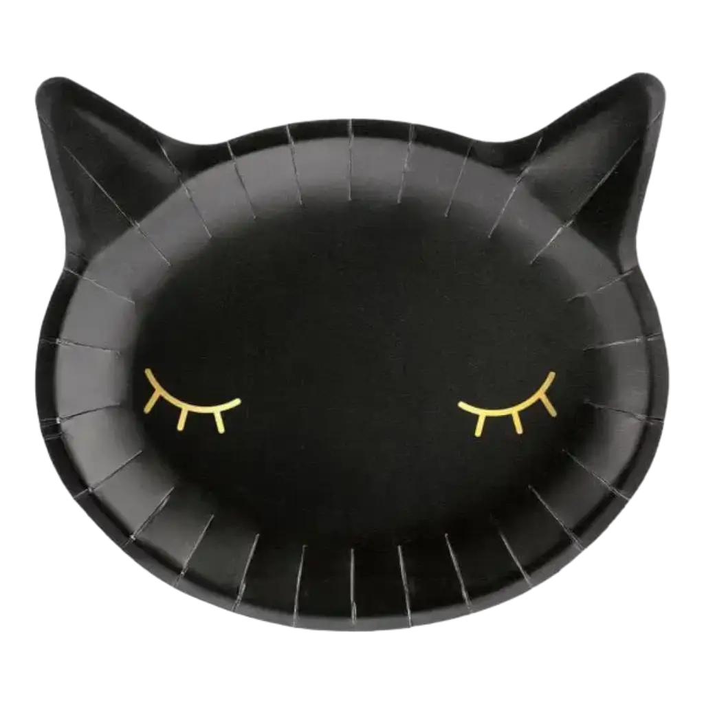 Plato de papel negro con forma de cabeza de gato (Set de 6)