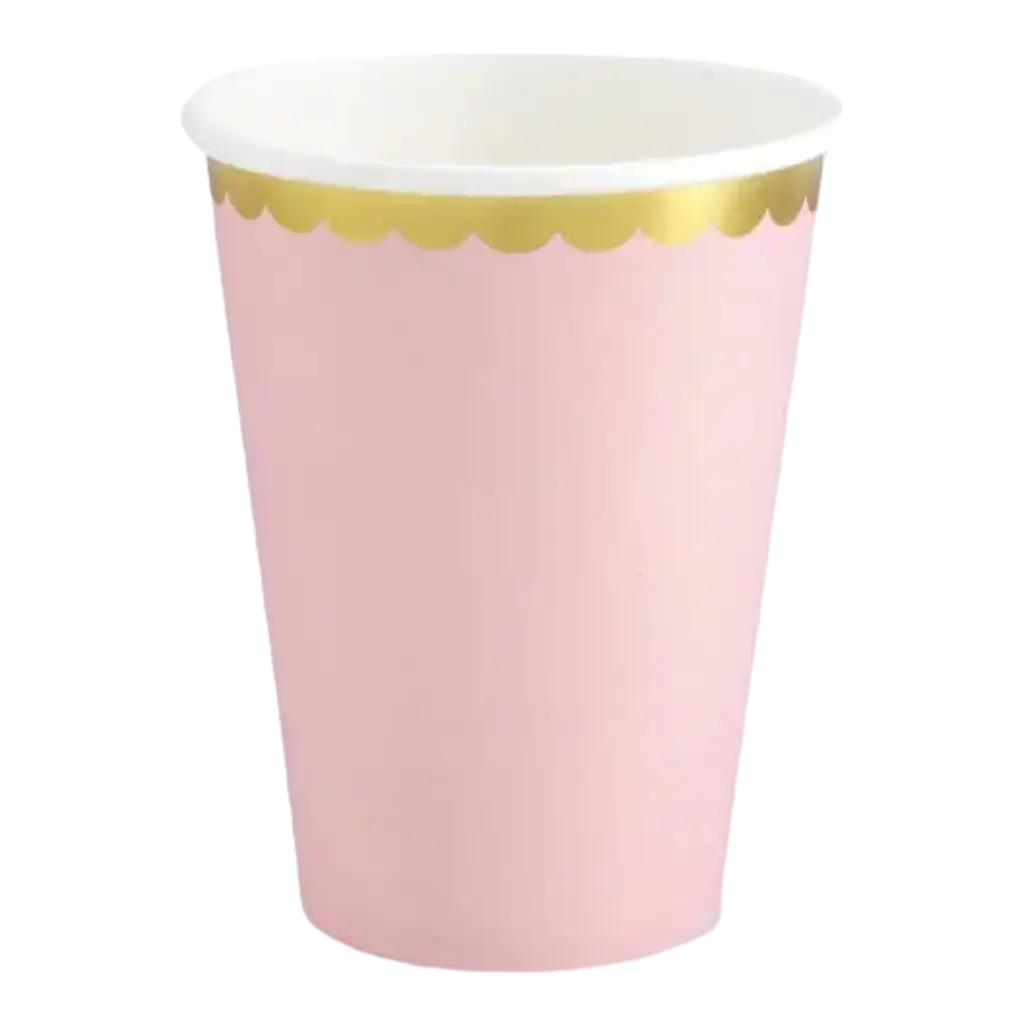 Vaso de papel rosa con borde de oro (Set de 6)