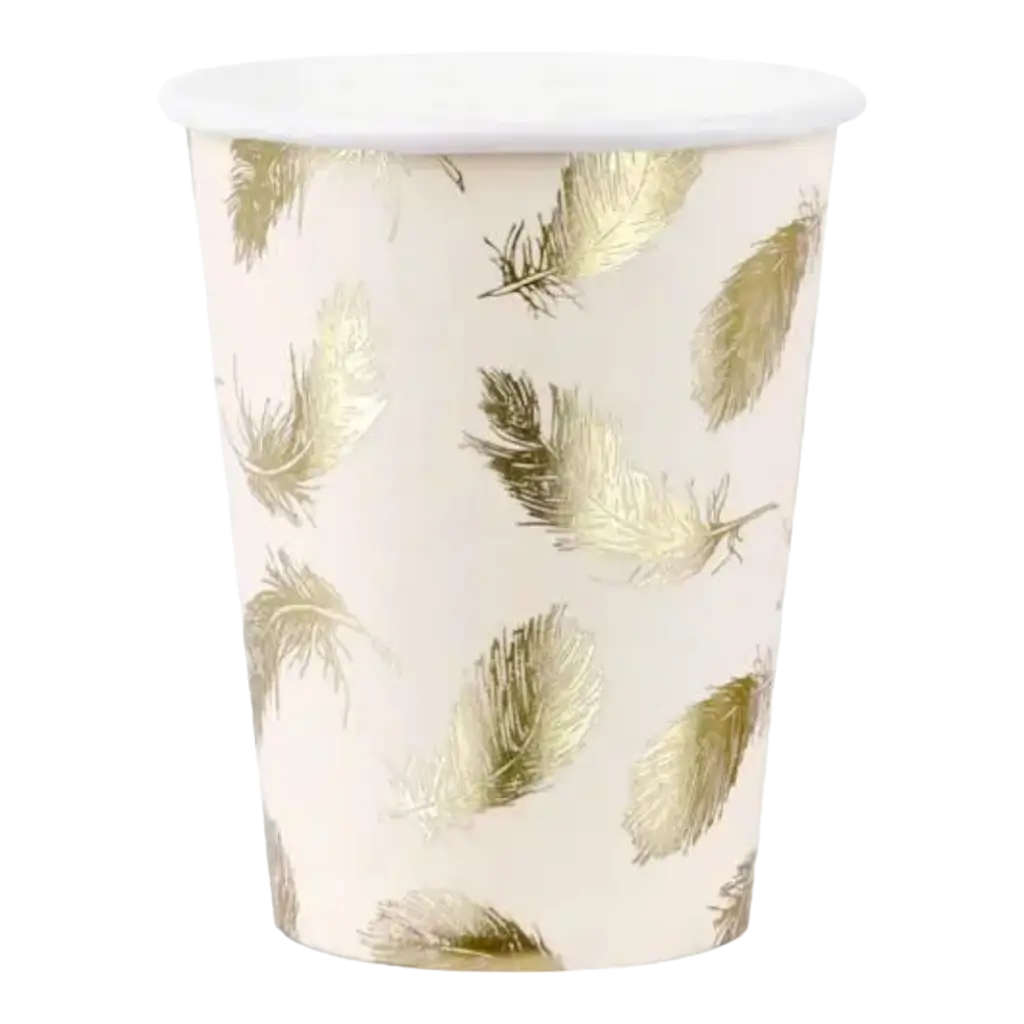 Vaso de papel rosa con patrón de plumas doradas (Juego de 6)