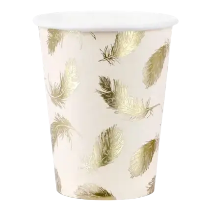 Vaso de papel rosa con patrón de plumas doradas (Juego de 6)