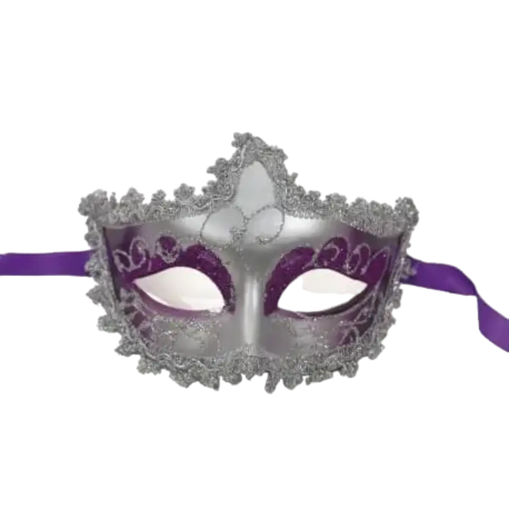 Máscara púrpura veneciana con contorno de plata