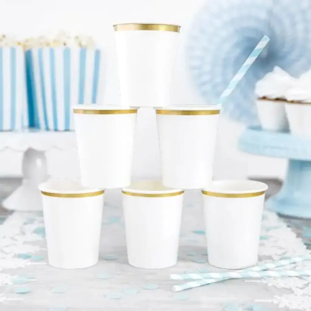 Vaso de papel blanco con borde de oro (Set de 6)