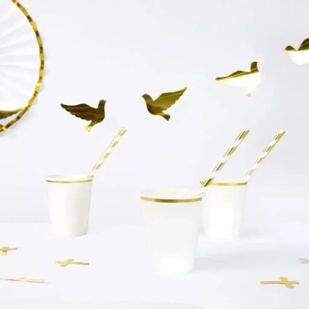 Vaso de papel blanco con borde de oro (Set de 6)