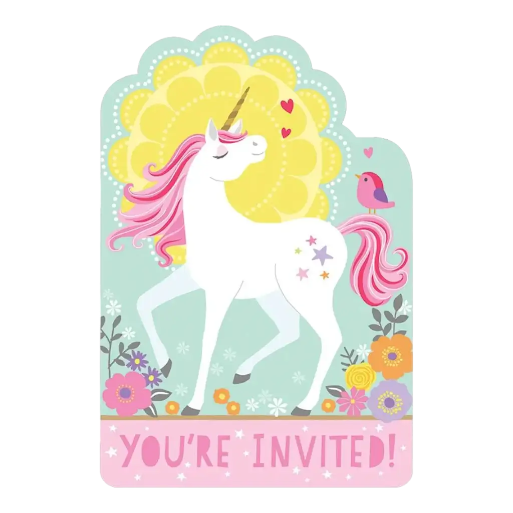 Invitación + Sobre de Unicornio Mágico (Set de 8)