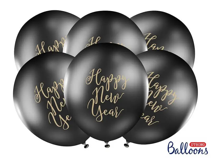 Juego de 6 globos negros de Feliz Año Nuevo