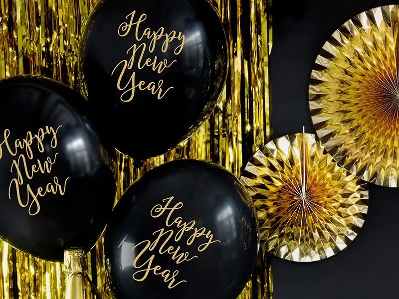 Juego de 6 globos negros de Feliz Año Nuevo