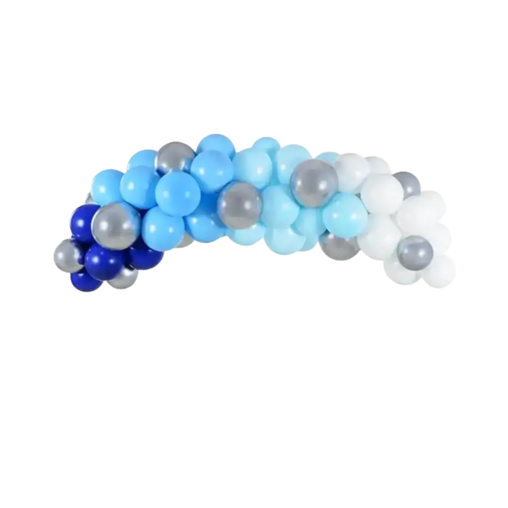 Medio arco de globos en azul, blanco y plata