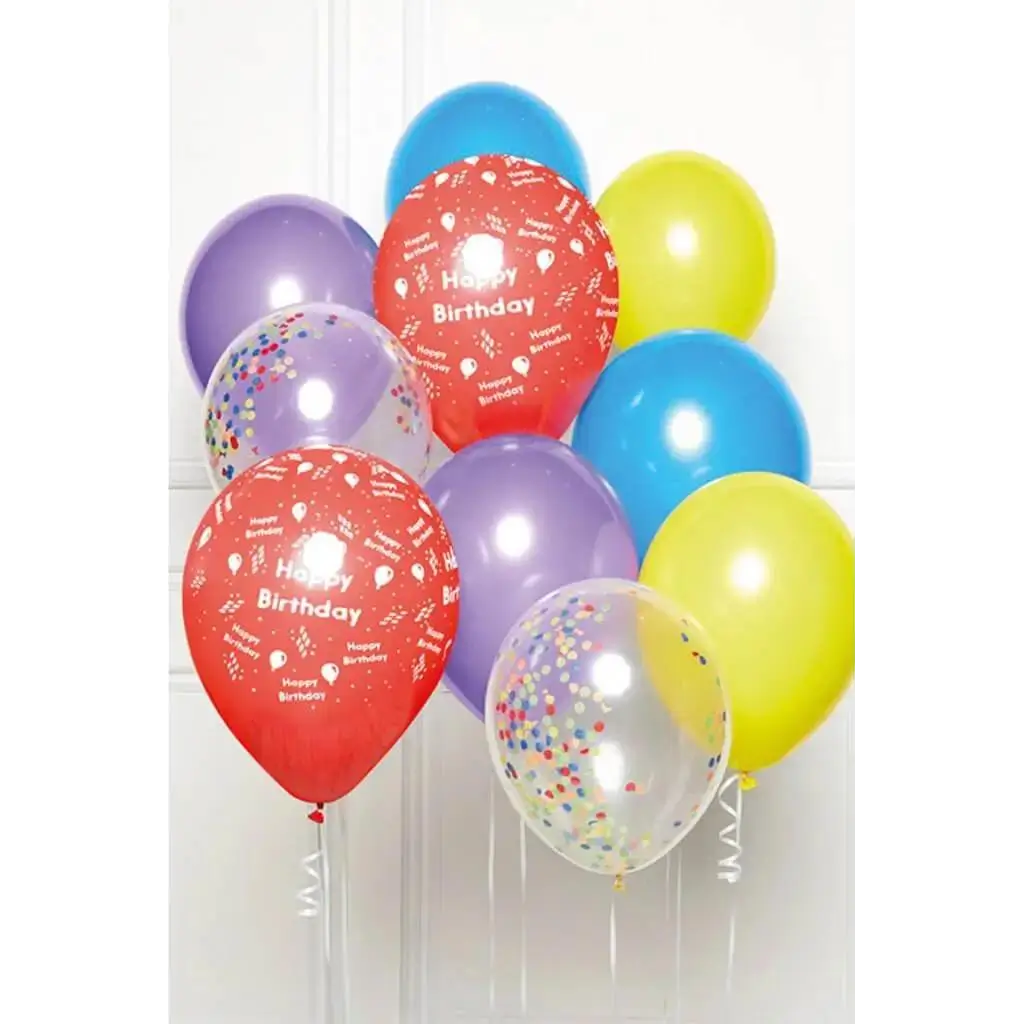 Ramo de 10 globos multicolores de Feliz Cumpleaños