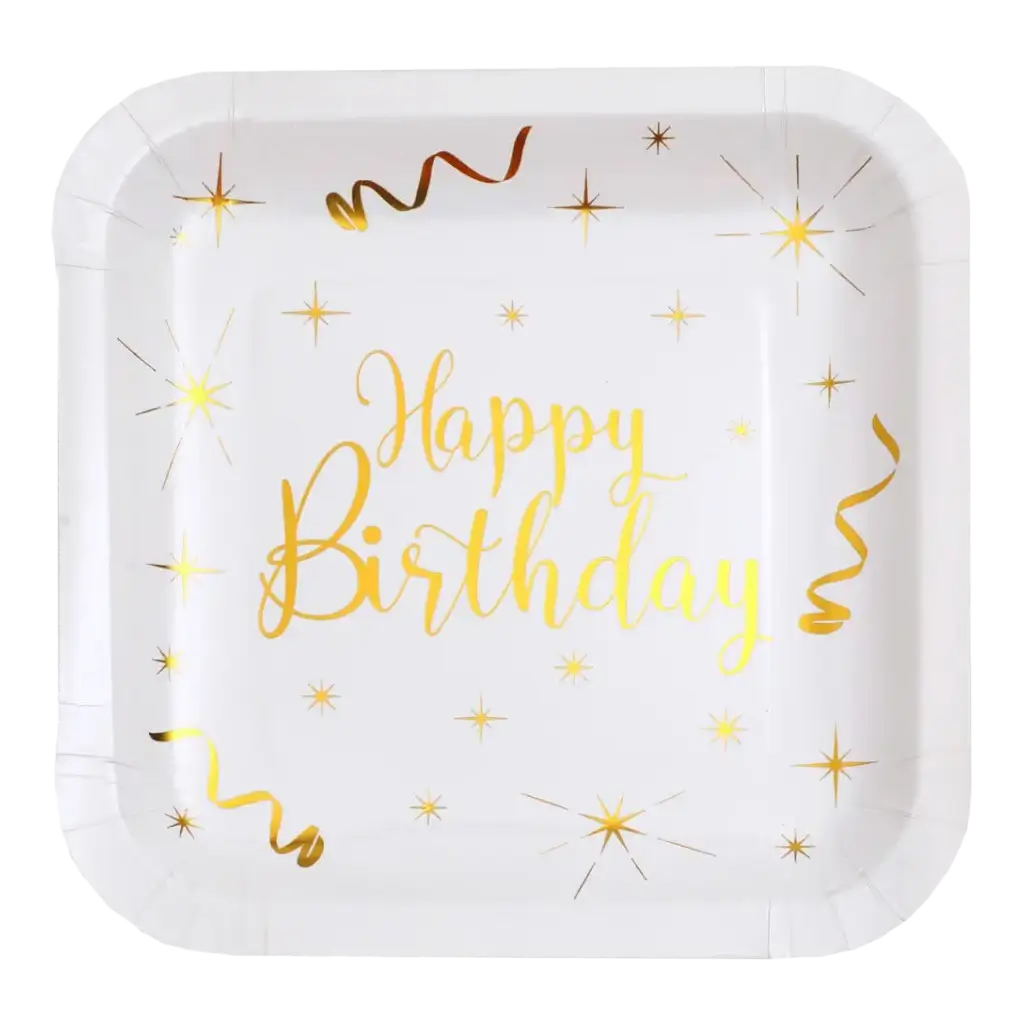 Placa cuadrada de Feliz Cumpleaños Oro/Blanco (Juego de 10)