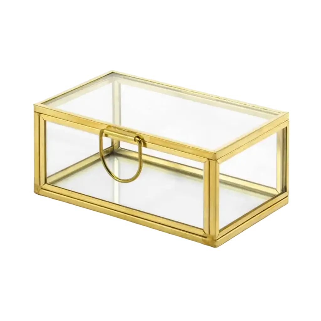 Caja de cristal con asa y borde de metal dorado