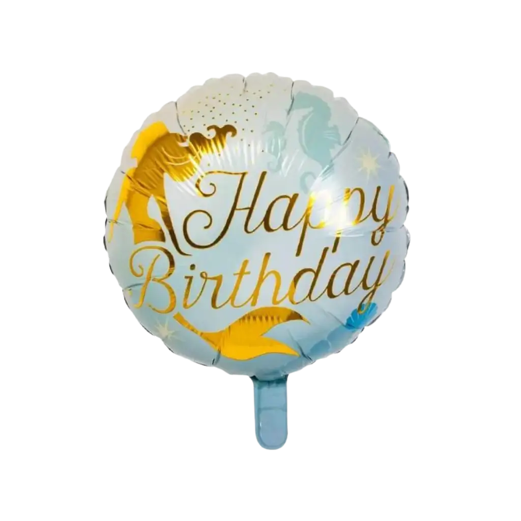 Globo de aluminio Sirena "Happy birthday" azul y dorado