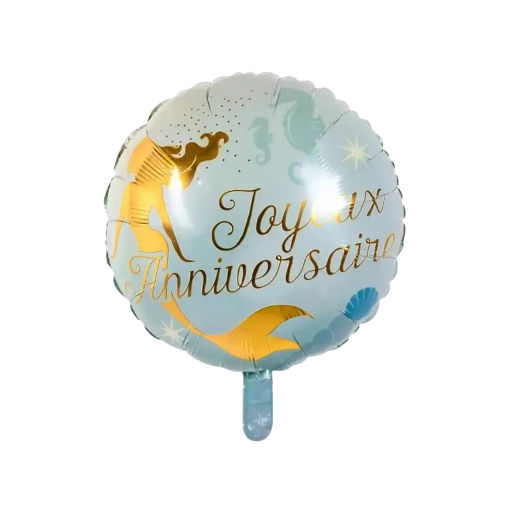 Globo de aluminio Sirena "Joyeux Anniversaire" azul y dorado