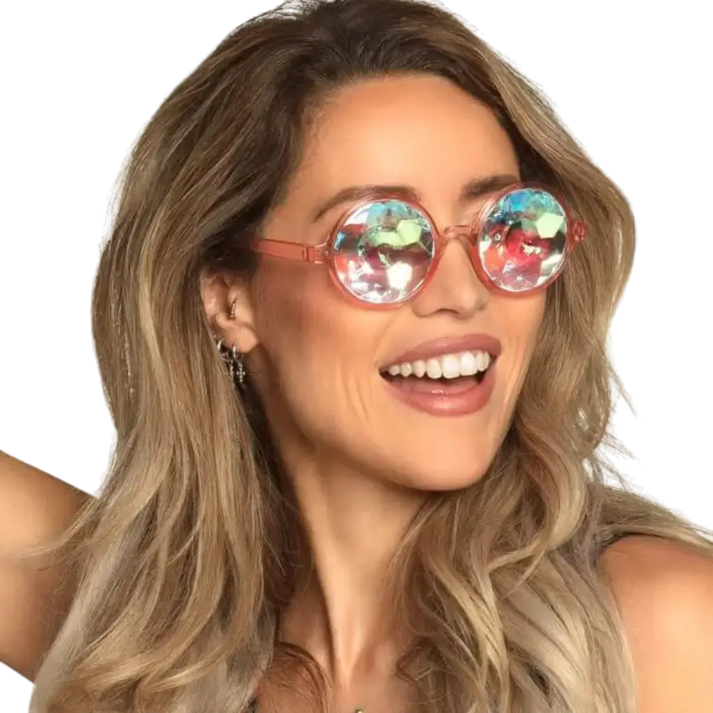 Gafas redondas y rosas con lentes holográficas