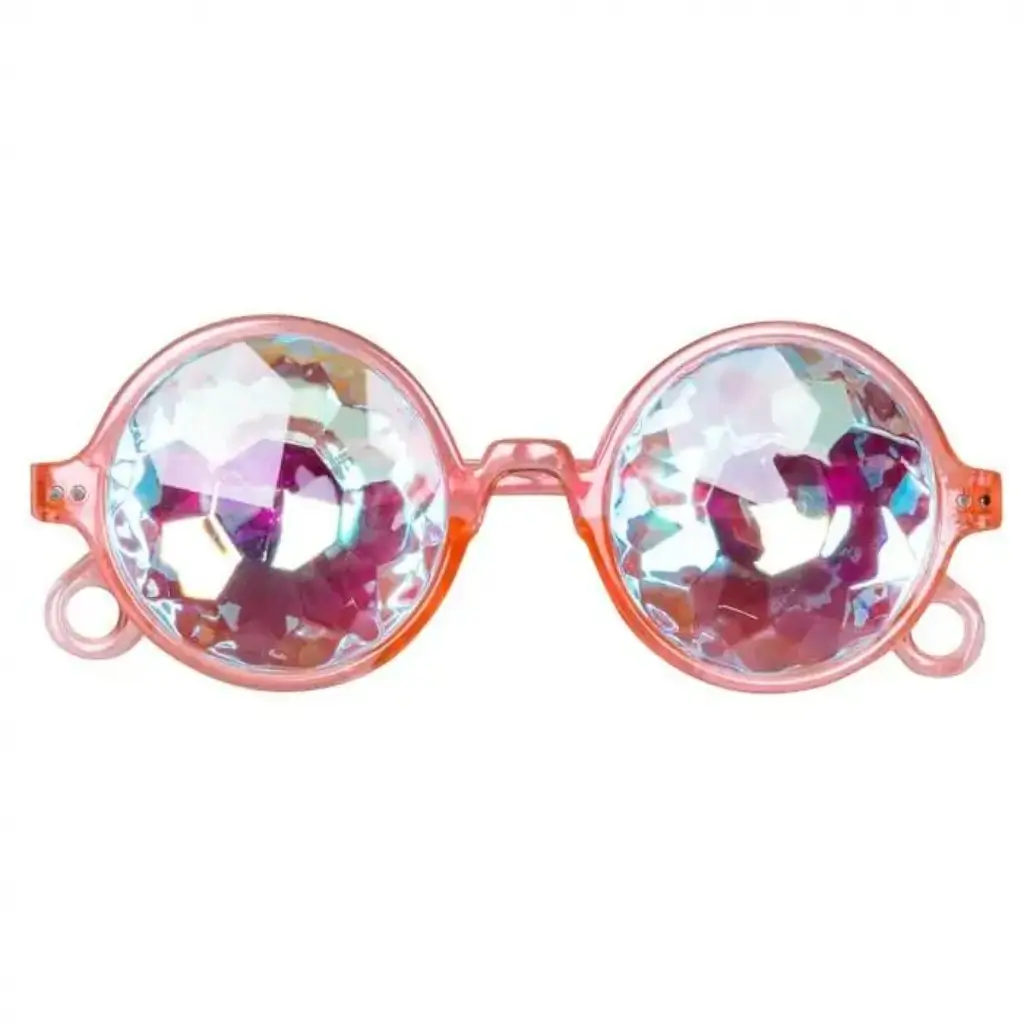 Gafas redondas y rosas con lentes holográficas