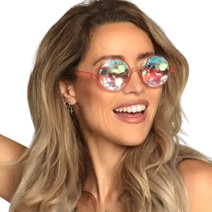 Gafas redondas y rosas con lentes holográficas