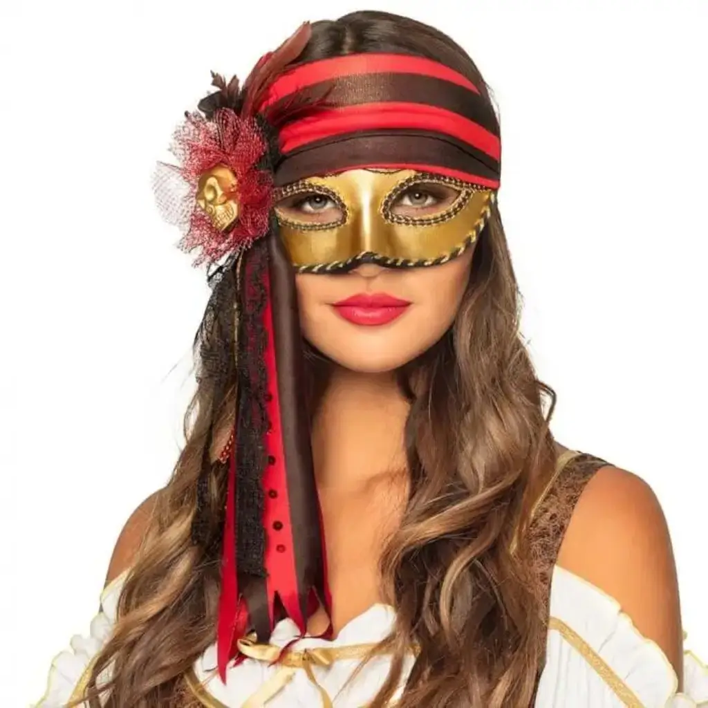 Máscaras venecianas estilo pirata dorado, rojo y negro