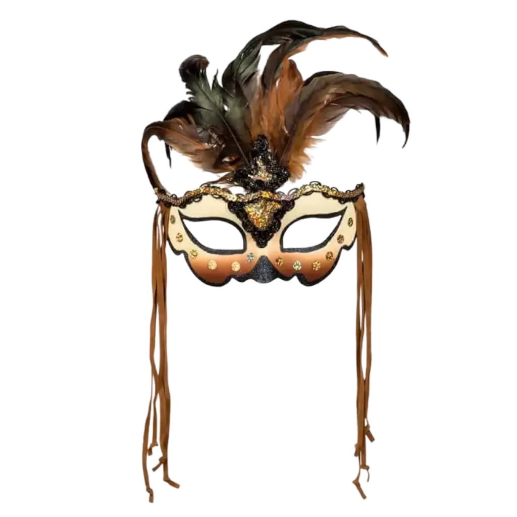 Máscara veneciana con plumas y cordones beige y marrón