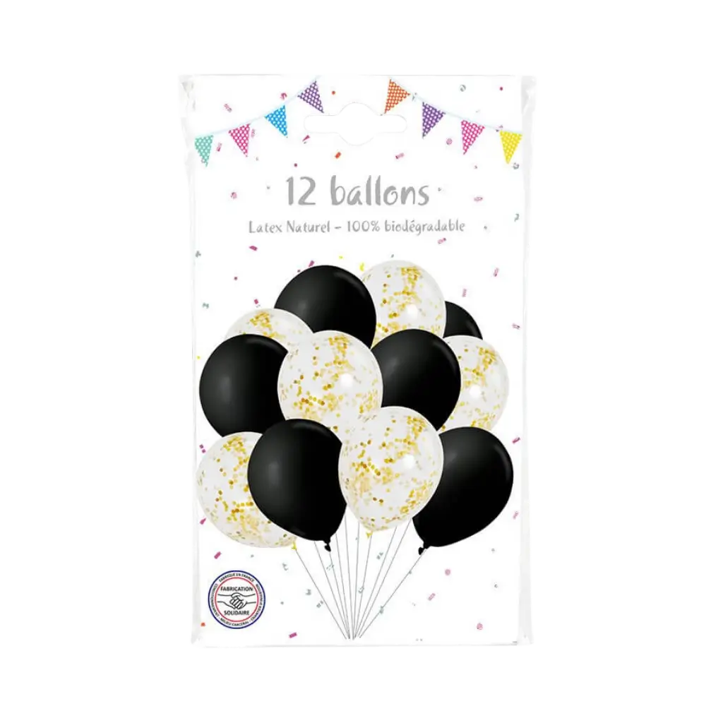 Lote de 6 globos confeti de metal dorado y 6 globos negros - 30cm