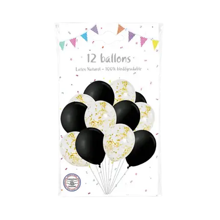 Lote de 6 globos confeti de metal dorado y 6 globos negros - 30cm