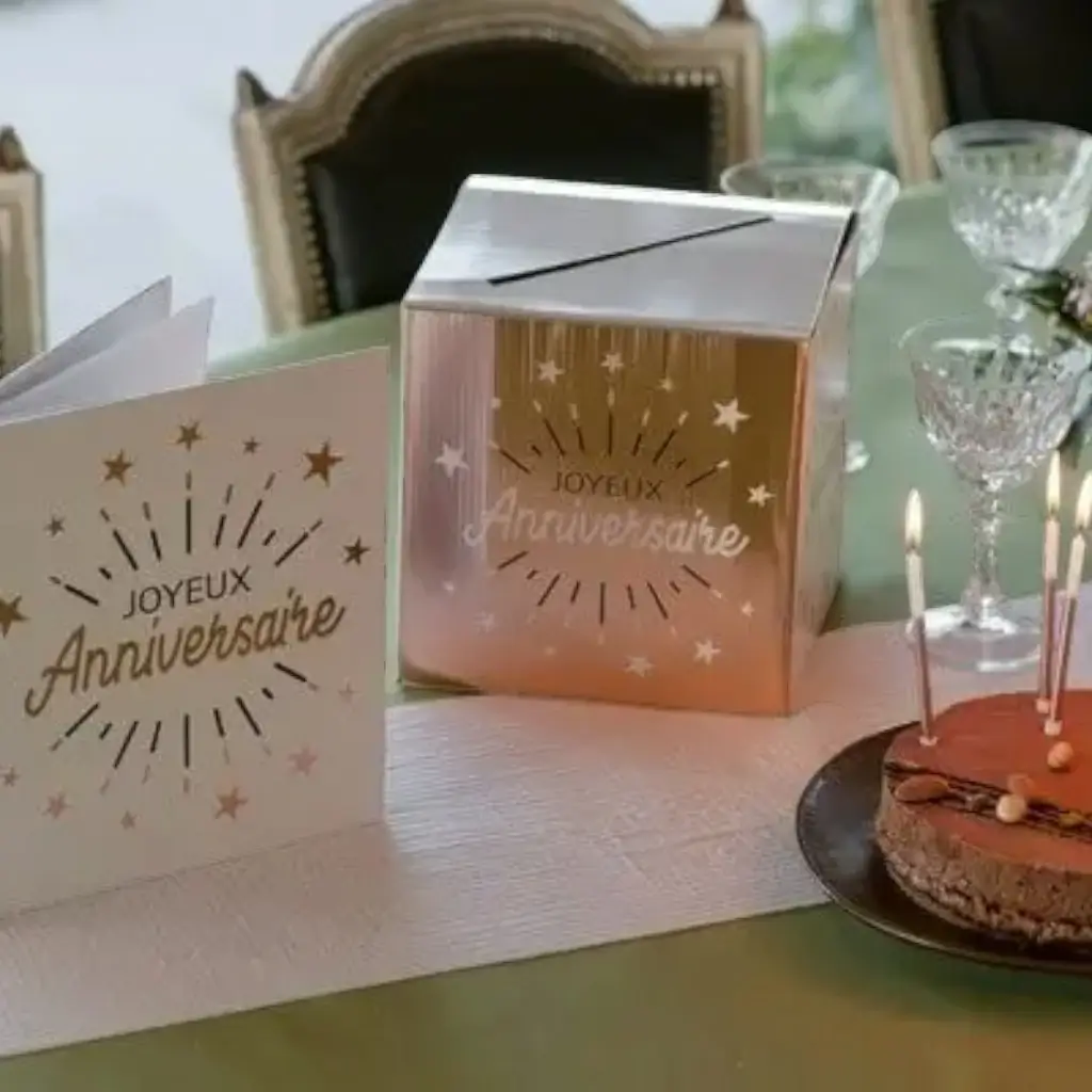 Libro de visitas Happy Birthday en oro rosa metálico