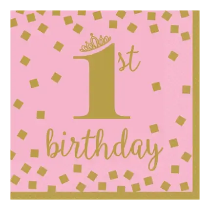 Servilleta rosa y dorado 1er cumpleaños (juego de 16)