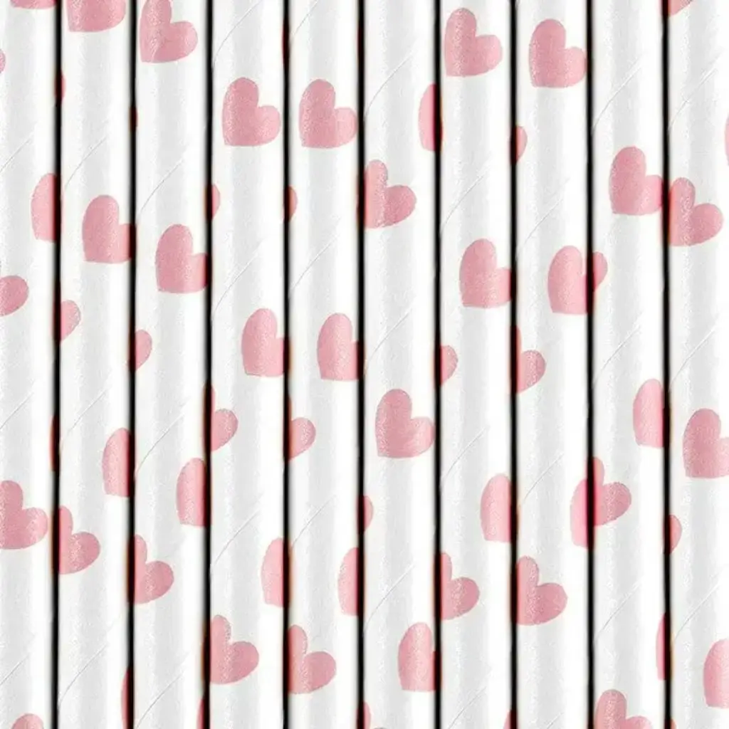 Pajitas de papel blanco con diseño de corazón rosa - PAQUETE DE 10