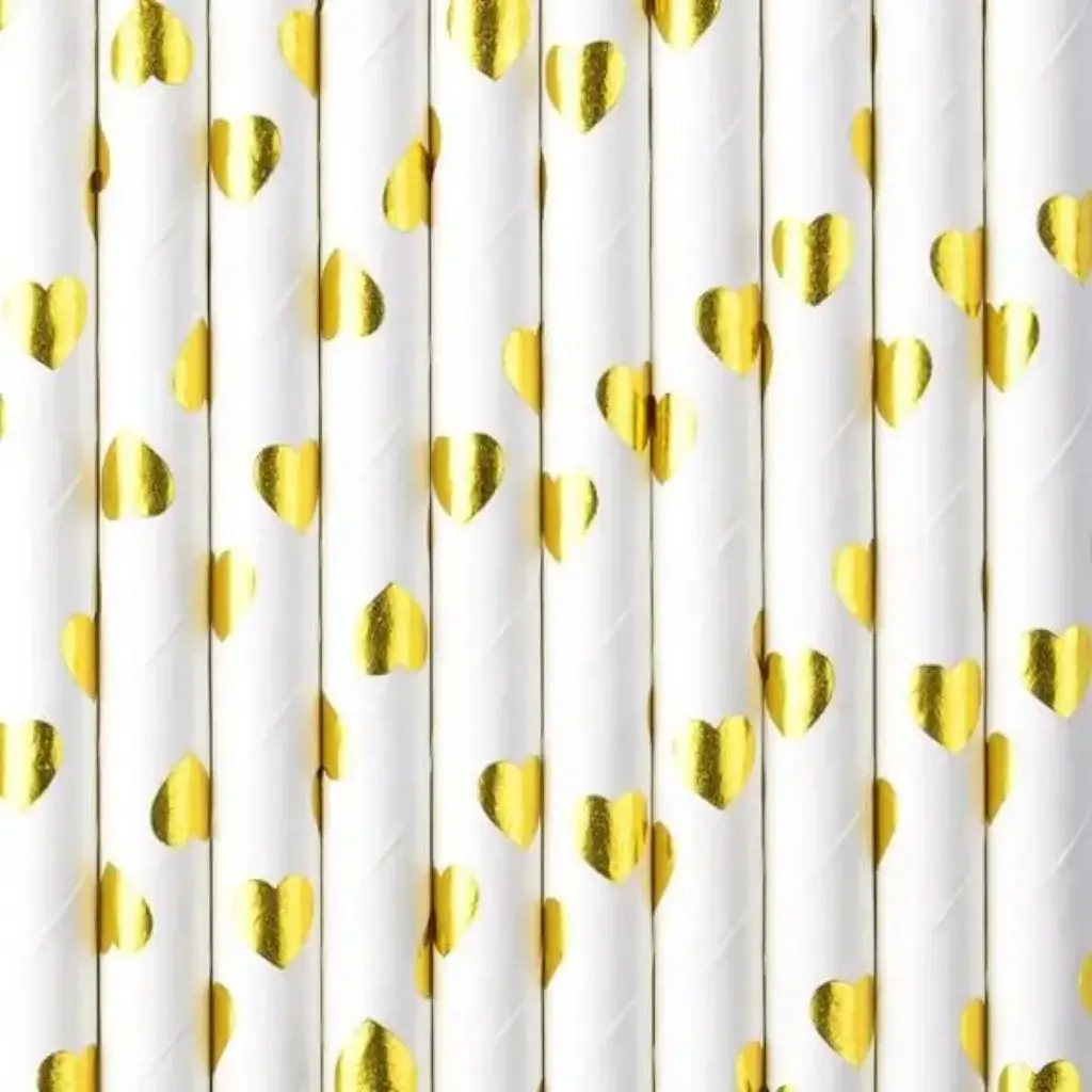 Pajitas de papel blanco con estampado de corazones dorados - PAQUETE DE 10