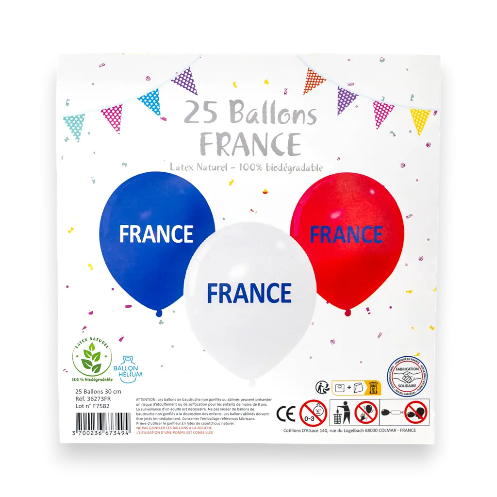 LOTE DE 25 GLOBOS - AZUL BLANCO ROJO - FRANCIA - 30CM