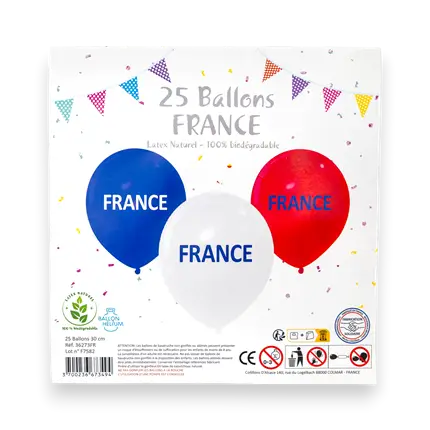 LOTE DE 25 GLOBOS - AZUL BLANCO ROJO - FRANCIA - 30CM